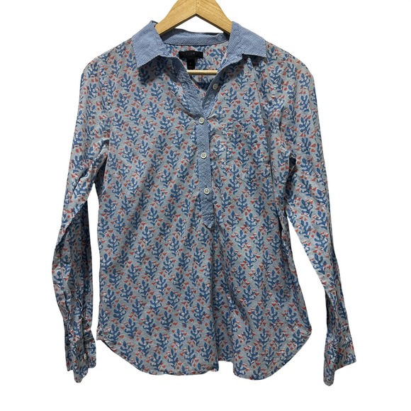J.Crew Tops - J.Crew Popover Shirt Womens 6 Blue Orange‎ Coral Print Trim Long Sleeve Cotton